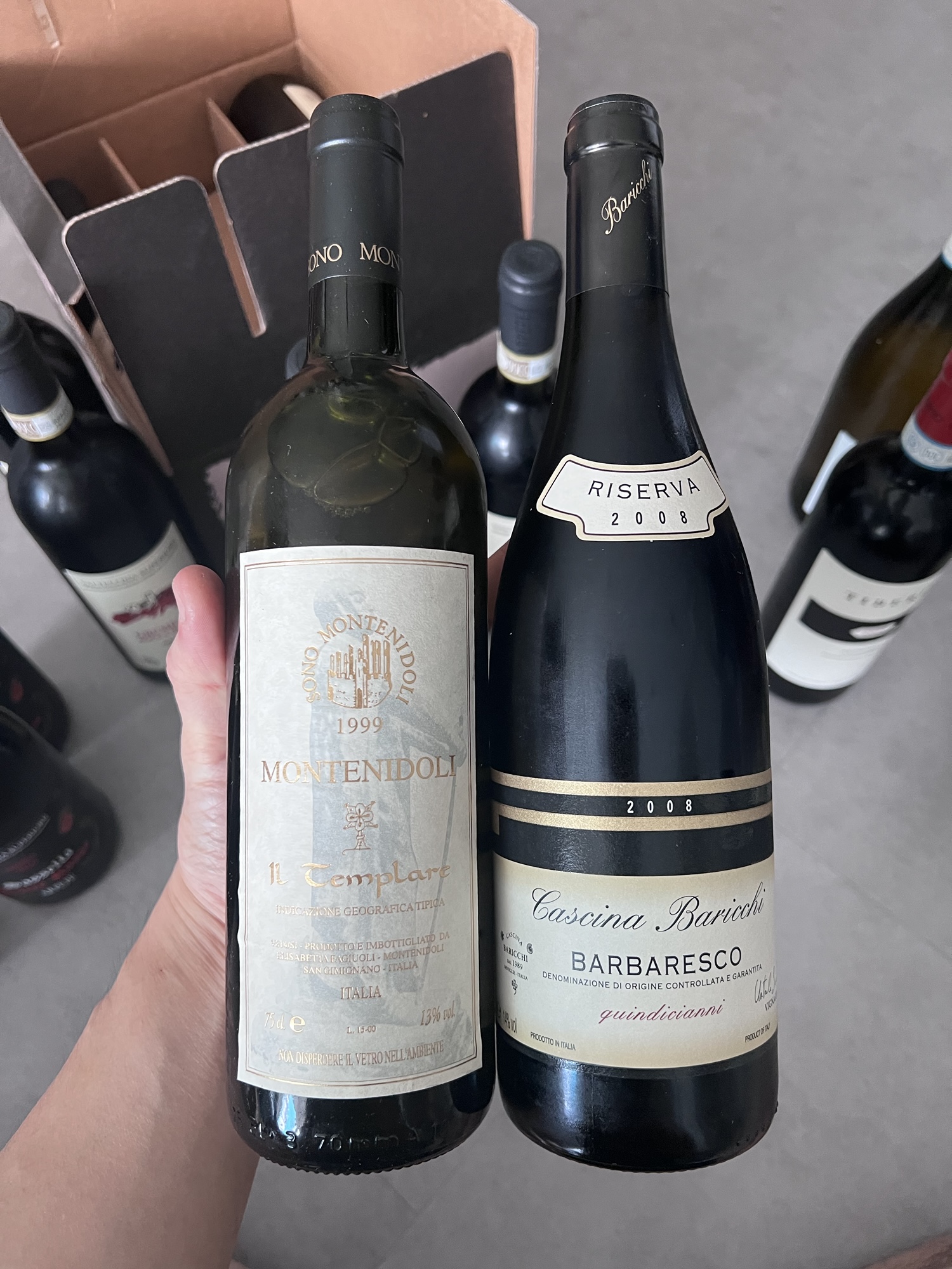 Montenidoli “Il Templare” Toscana Bianco 1999 (Foundation series) and Cascina Baricchi “Quindicianni” Barbaresco Riserva 2008.