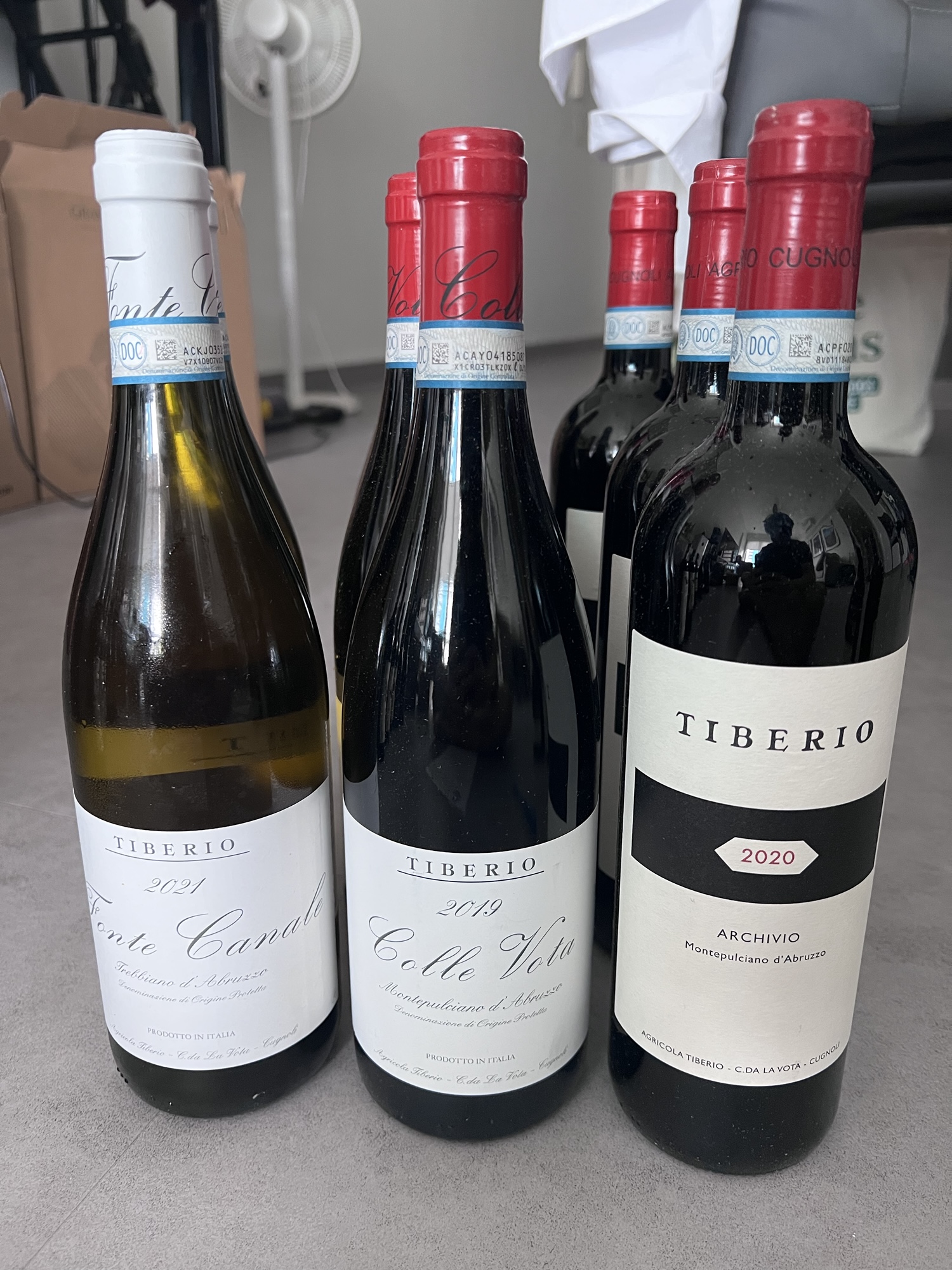 Tiberio’s “Fonte Canale” Trebbiano 2021, “Archivio” Montepulciano 2020, and “Colle Vota” Montepulciano 2019.