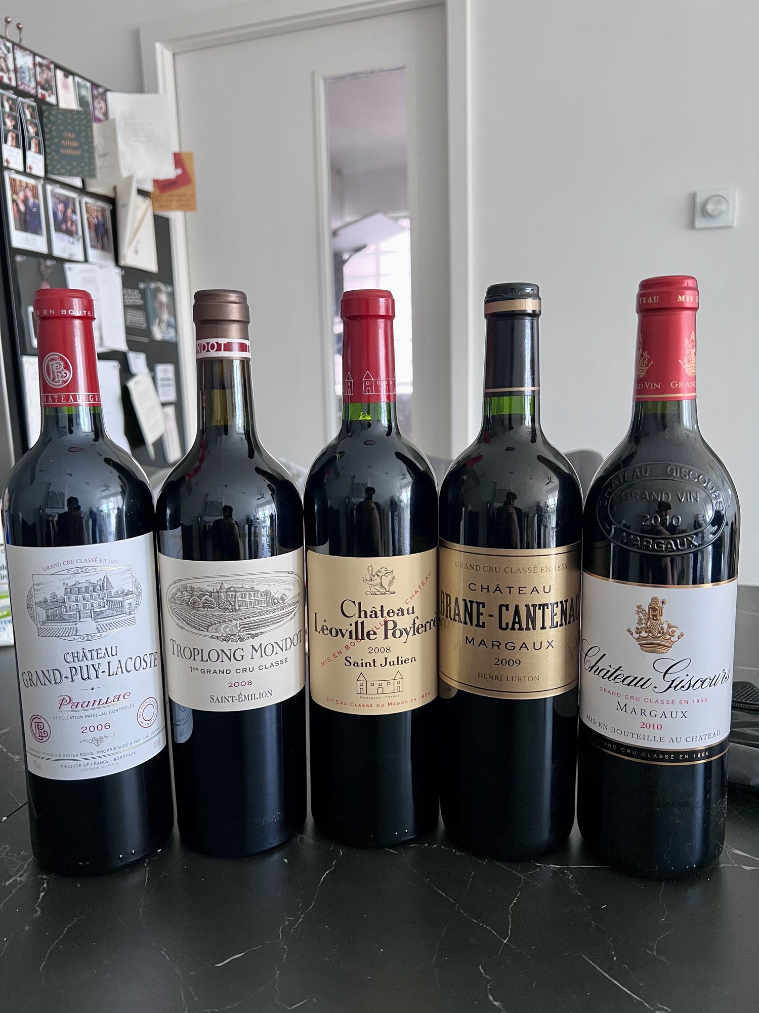 Ch Grand-Puy-Lacoste 2016, Ch Tropolong Mondot 2008, Ch Leoville Poyferre 2008, Ch Brane Cantenac 2009, Ch Giscours 2010.
