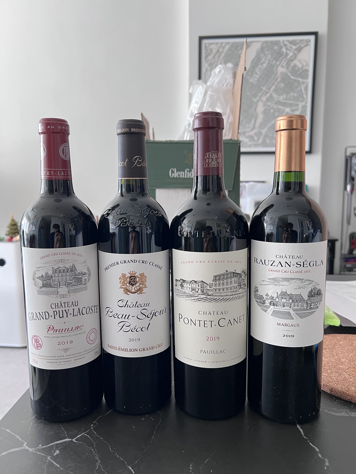 2019 vintage of: Grand-Puy-Lacoste, Beau-Sejour Becot, Pontet-Canet, and Rauzan Segla.