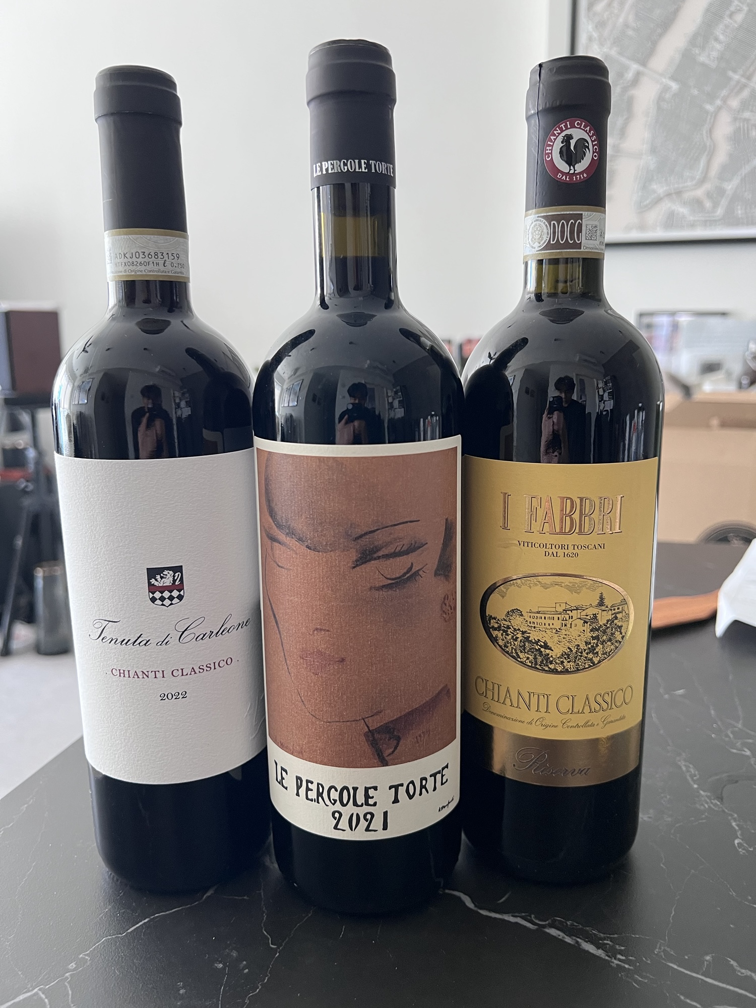 Montevertine’s Le Pergole Torte 2021, I Fabbri Chianti Classico Riserva 2019 and Tenuta Di Carleone Chianti Classico 2022.