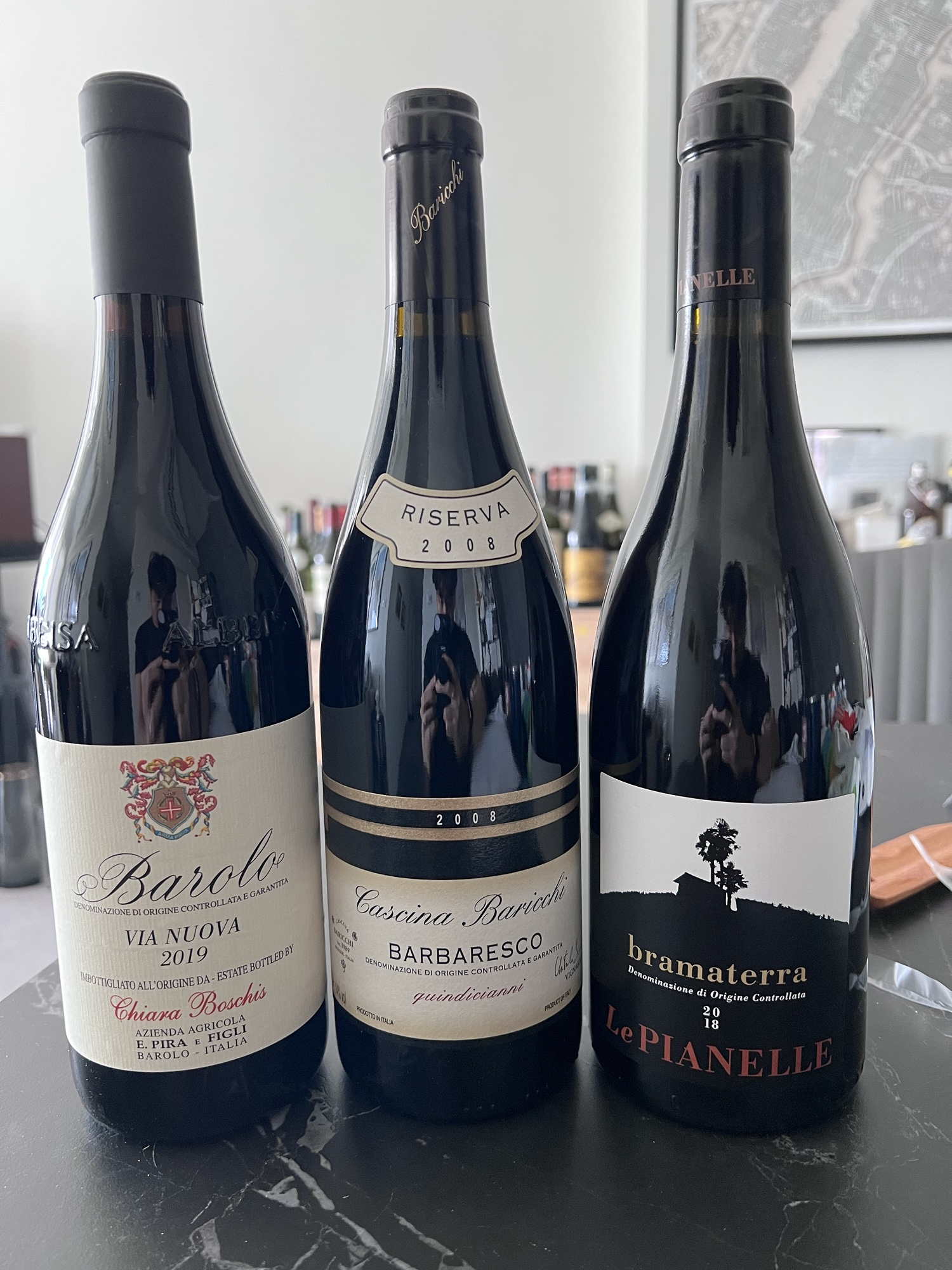 Cascina Baricchi “Quindicianni” Barbaresco Riserva 2008, Le Pianelle Bramaterra 2018, and E. Pira – Chiara Boschis “Via Nuova” Barolo 2019.