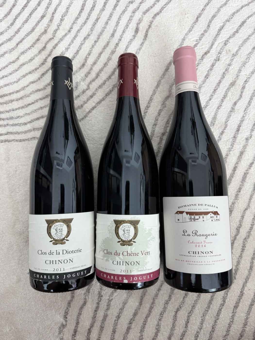 Charles Joguet Chiron ‘Clos de la Dioterie’ 2011, and ‘Clos du Chene Vert’ 2011, and Domaine de Pallus Chinon ‘La Rougerie’ 2016.