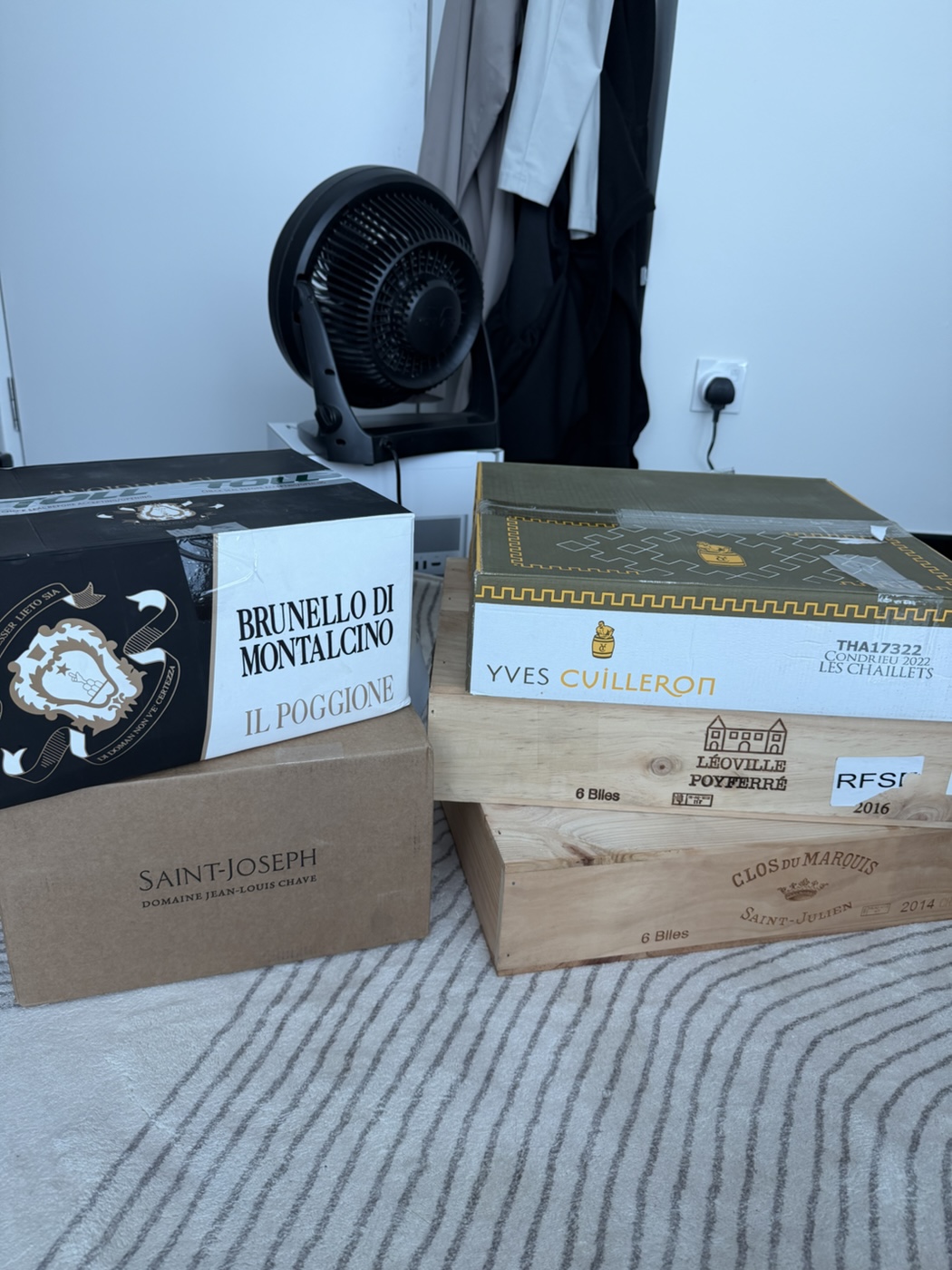 Cru wine delivery day: Il Poggione Brunello 2018, Domaine Jean-Louis Chave Saint-Joseph 2021, Yves Cuilleron Condrieu ‘Les Chaillets’ 2022, Leoville Poyferre 2016, Clos du Marquis 2014.